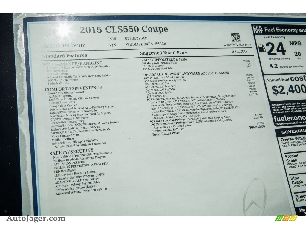 2015 CLS 550 Coupe - designo Diamond White Metallic / Black photo #11