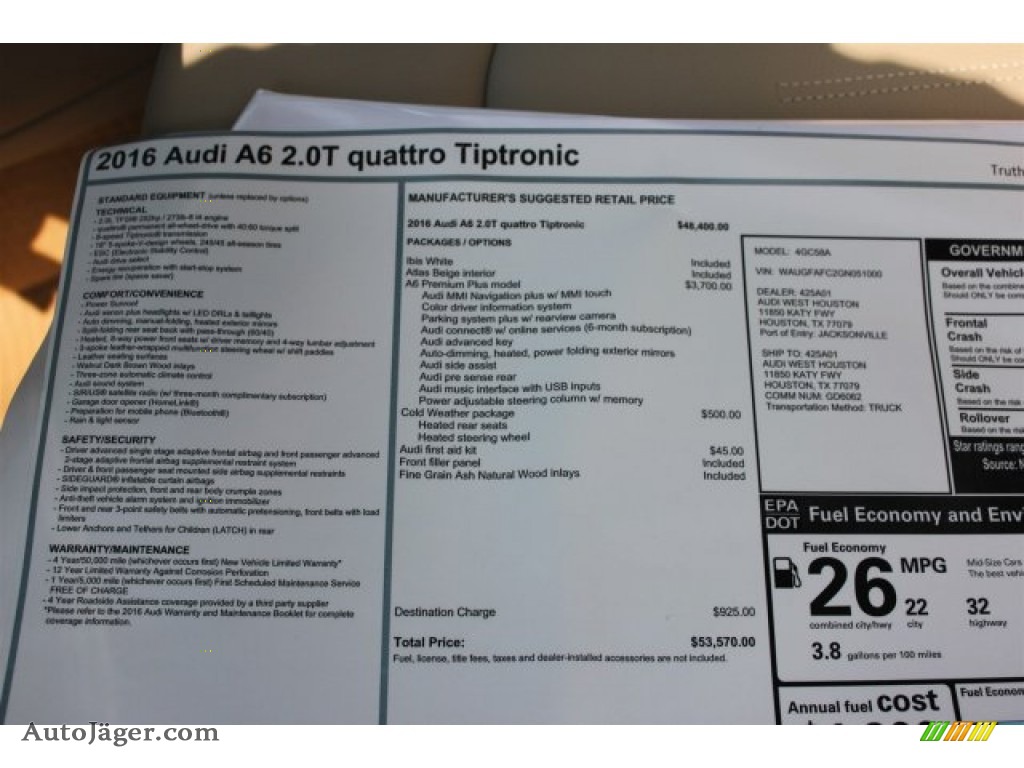 2016 A6 2.0 TFSI Premium Plus quattro - Ibis White / Atlas Beige photo #8