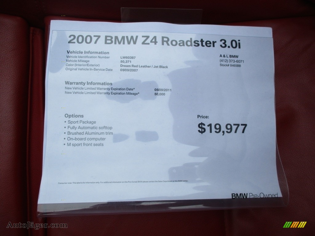 2007 Z4 3.0i Roadster - Jet Black / Dream Red photo #12
