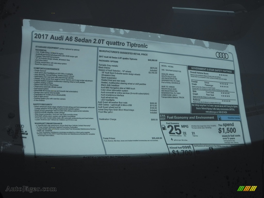 2017 A6 2.0 TFSI Premium quattro - Tornado Gray Metallic / Black photo #10