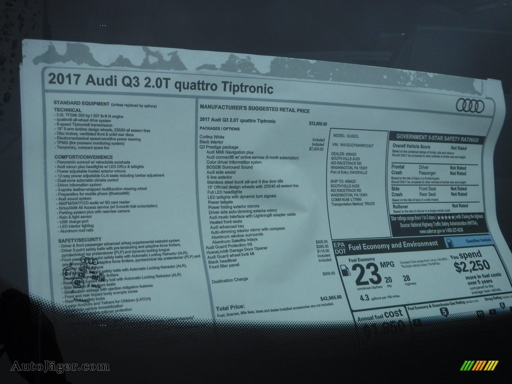 2017 Q3 2.0 TFSI Premium Plus quattro - Cortina White / Black photo #9