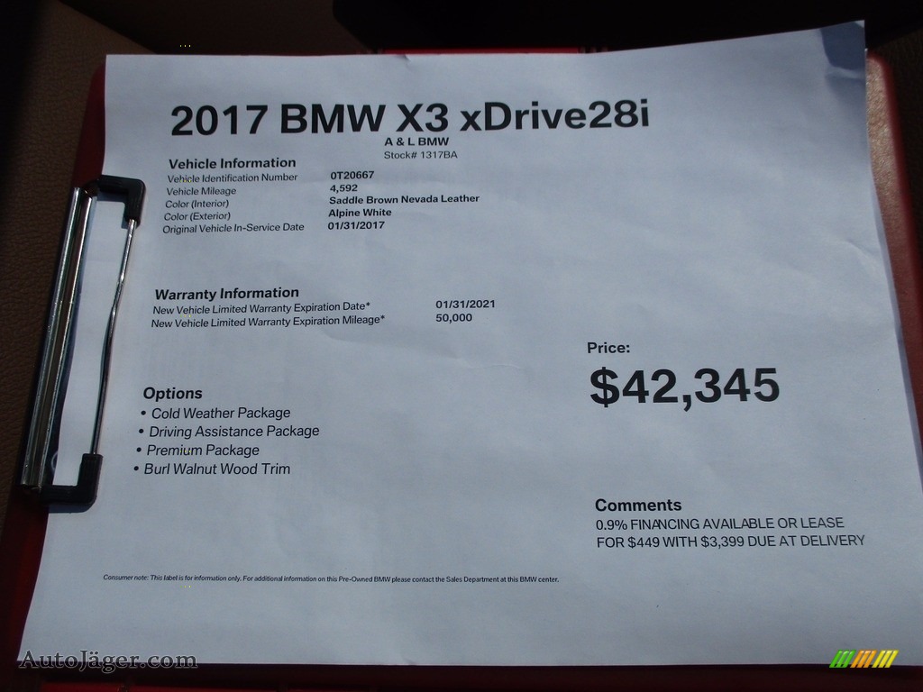 2017 X3 xDrive28i - Alpine White / Saddle Brown photo #10
