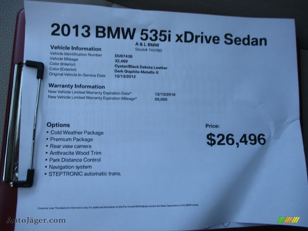 2013 5 Series 535i xDrive Sedan - Dark Graphite Metallic II / Oyster/Black photo #12