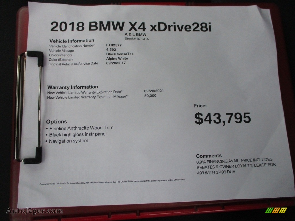 2018 X4 xDrive28i - Alpine White / Black photo #12