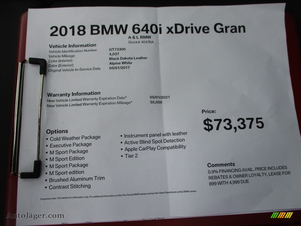 2018 6 Series 640i xDrive Gran Coupe - Alpine White / Black photo #12