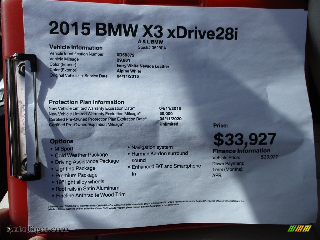 2015 X3 xDrive28i - Alpine White / Oyster photo #14