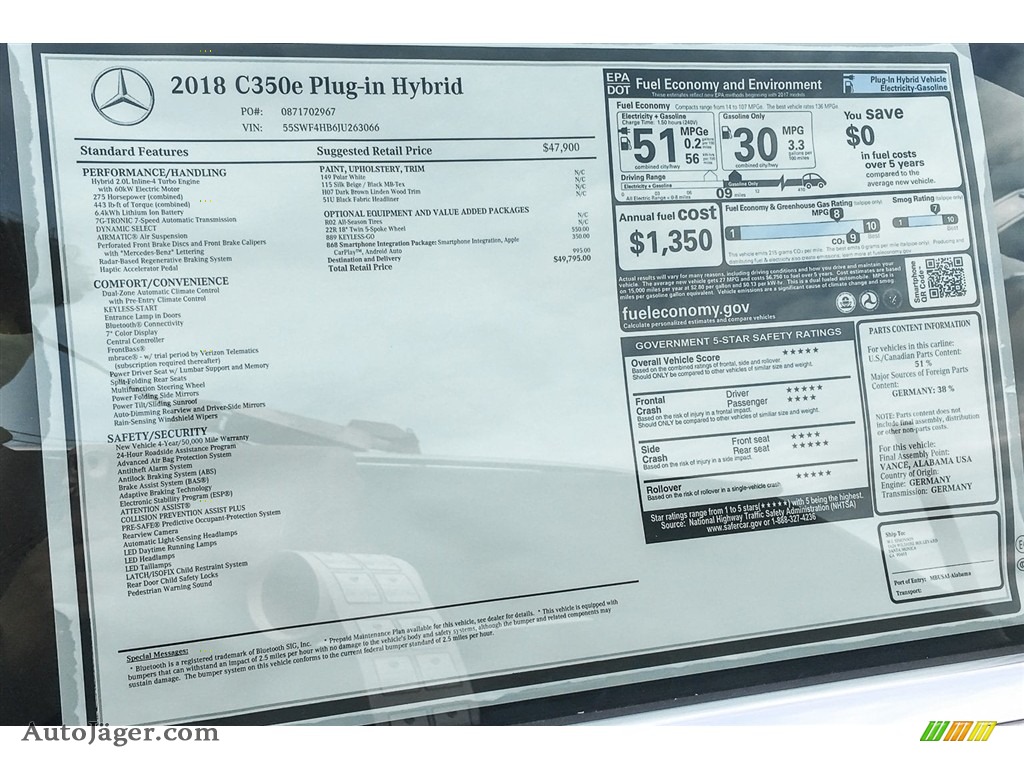 2018 C 350e Plug-in Hybrid Sedan - Polar White / Silk Beige/Black photo #10