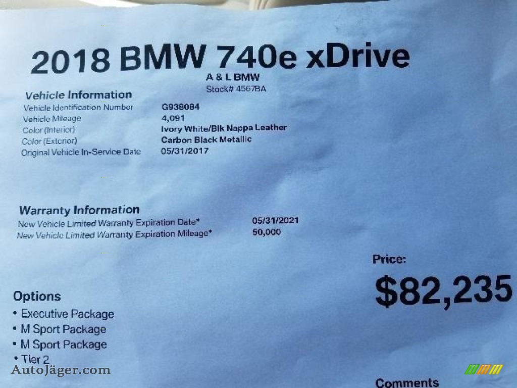 2018 7 Series 740e iPerformance xDrive Sedan - Carbon Black Metallic / Ivory White/Black photo #16