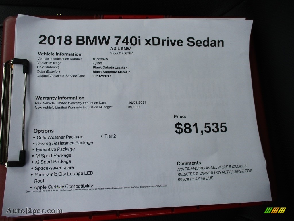2018 7 Series 740i xDrive Sedan - Black Sapphire Metallic / Black photo #12