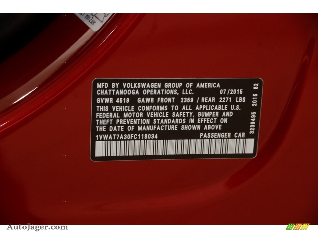 2015 Passat S Sedan - Fortana Red Metallic / Titan Black photo #19
