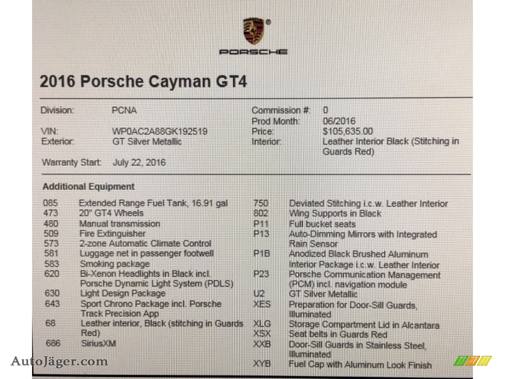 2016 Cayman GT4 - GT Silver Metallic / Black photo #16