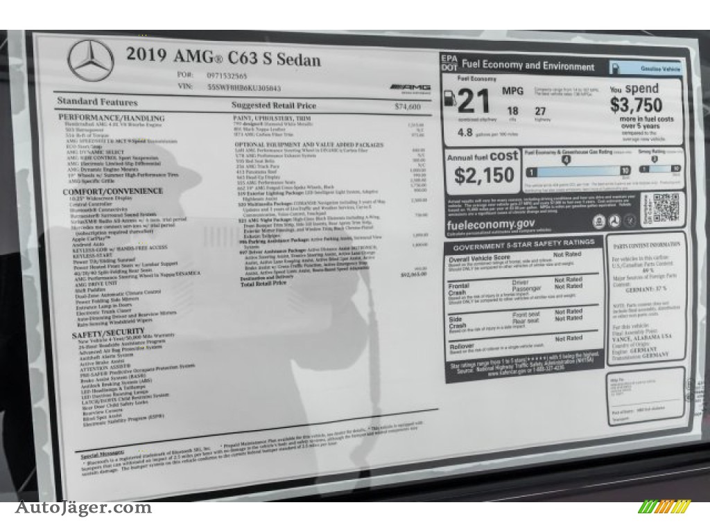 2019 C AMG 63 S Sedan - designo Diamond White Metallic / Black photo #10