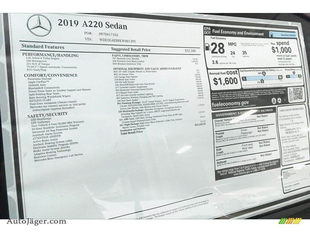 2019 A 220 Sedan - Mountain Grey Metallic / Titanium Grey/Black photo #11