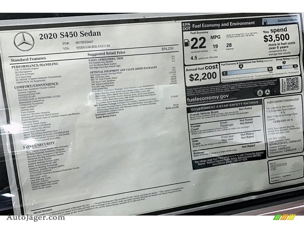 2020 S 450 Sedan - Selenite Grey Metallic / Nut Brown/Black photo #10