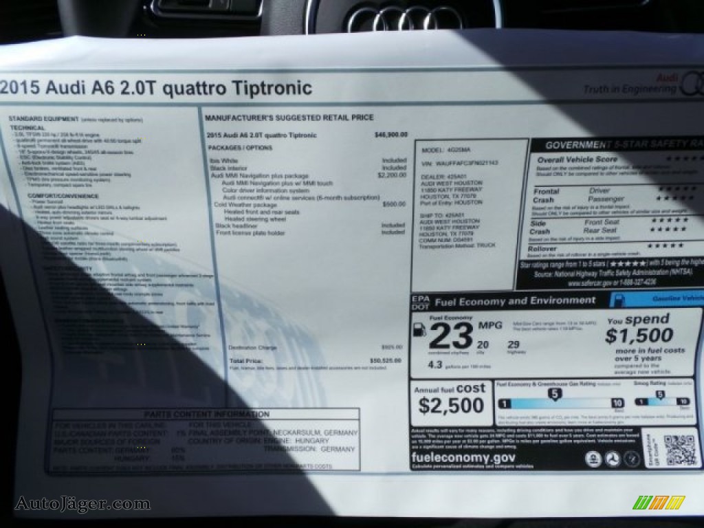 2015 A6 2.0T Premium quattro Sedan - Ibis White / Black photo #34